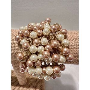 Stella & Dot Faux Pearl Foldover Closure Champagne White Cuff Bracelet